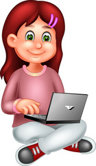 funny girl cartoon sitting with play pc