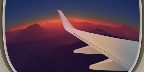 View from the airplane window. Mountain landscape. Panorama high above the mountains. Realistic vector illustration.