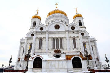 Facade of Cathedral of Christ the Saviour in Moscow in the winter morning.