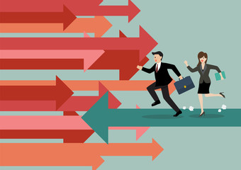 Businessman and woman are running in reverse trend