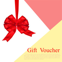 Gift Voucher beautiful colorful template with red bow ribbon on white background. Vector illustration