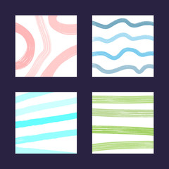 Set of modern watercolour backgrounds. Collection of square templates. Drawn by hand. Sketch, grunge, watercolor, paint.