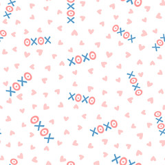 Repeating hearts and text Xoxo. Romantic seamless pattern. Cute endless print.