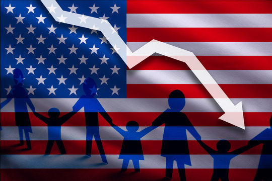 United States of America flag background of the arrow chart down. Decrease in the number of the country's rape. Fertility below the measurement. Reducing the flow of refugees, tourists, immigrants...