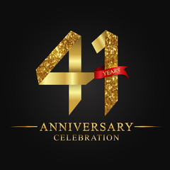 anniversary, aniversary, 41 years anniversary celebration logotype. Logo,ribbon golden number on black background.Numbers ribbon gold foil.