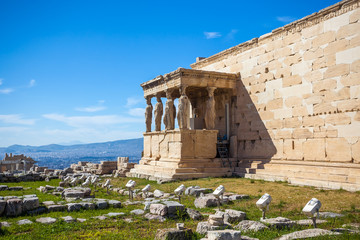 Obraz premium The Porch of the Caryatids at the Erechtheion temple on the Acropolis, Athens, Greece