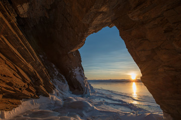 Down in the grotto, winter Baikal lake