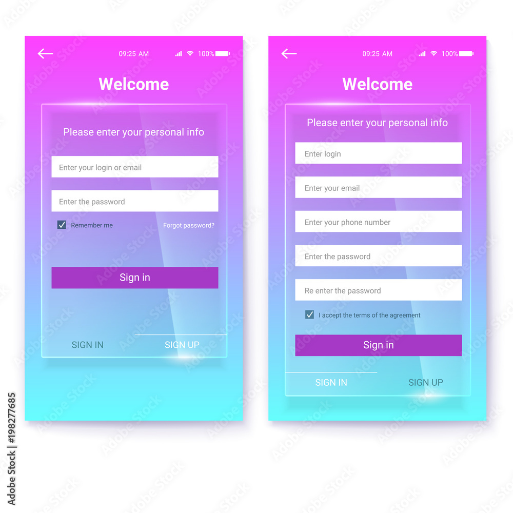 Aufkleber ui design, account register or authorization, interface for touchscreen mobile apps. ux screen on gl