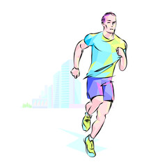 Vector runner drawing by hand silhouette stylized lines dynamics movement city