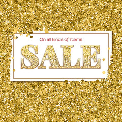 Sale poster with luxury gold sparkle glitter. Poster for ad and marketing. Template for shopping events and discount, printing brochure, presentation, voucher, flyer, tag. 3D illustration.
