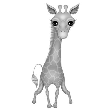 Cute gray cartoon giraffe on white isolated background.