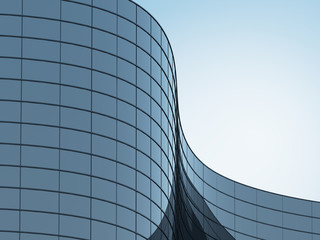 3D stimulate of high rise curve glass building and dark steel window system on blue clear sky background,Business concept of future architecture,lookup to the angle of the corner building.