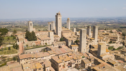 Obraz premium Drone aerial landscape of the wonderful village of San Gimignano. A Unesco World Heritage. Tuscany, Italy