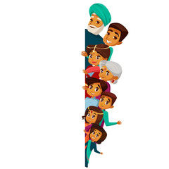 Vector cartoon Indian family characters peeping empty blank space. White paper poster background template. hindu senior man, woman, parents, father mother teen boy, girl kid in national costume