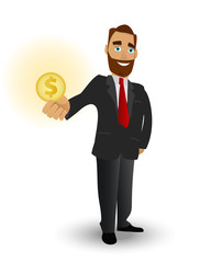 Business man holding a gold coin, a symbol of success in business, strong financial performance and wealth.