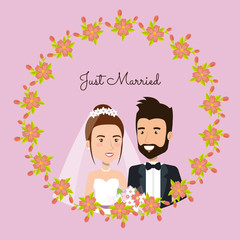 romantic picture of just married couple with floral frame