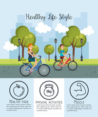 people in bicycle with healthy lifestyle icons
