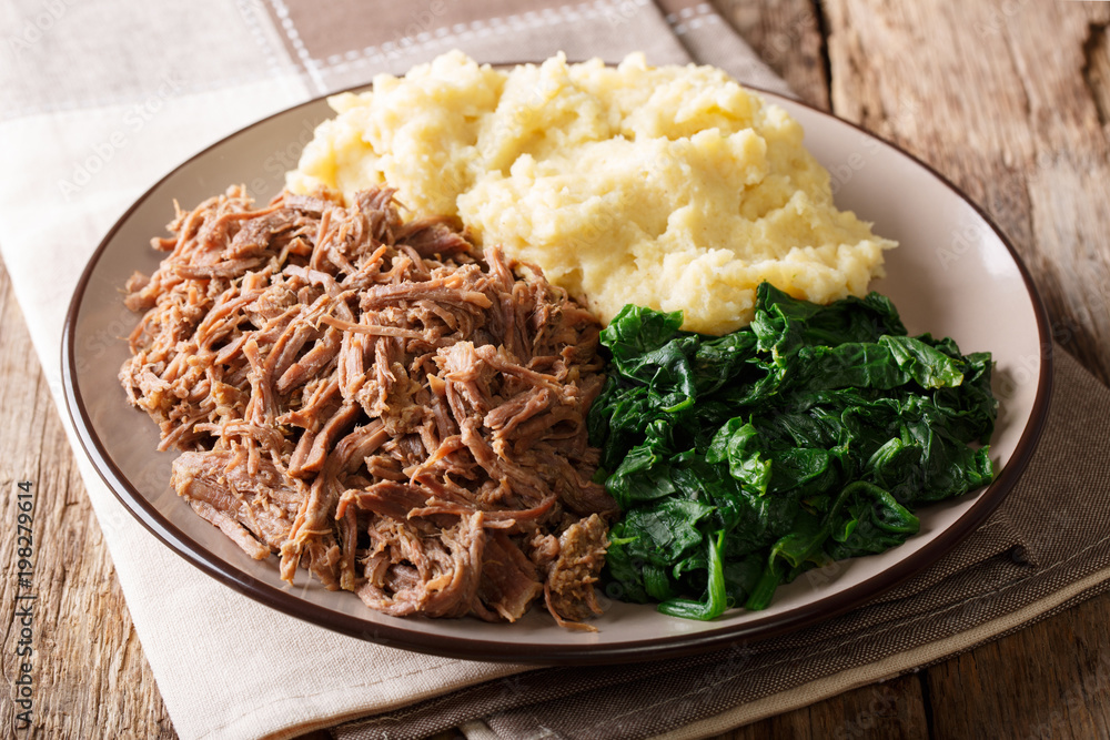 Wall mural botswana festive meal: seswaa stewed beef with pap porridge and spinach close-up on a plate. horizon