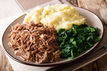 South African food: - Seswaa shredded beef with sadza porridge and spinach close-up on a plate. horizontal