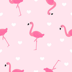 Flamingo seamless pattern vector illustration. Cute Flamingo with white hearts on pink background