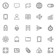 Universal essentials outline icons set. linear style symbols collection, line signs pack. vector graphics. Set includes icons as wall clock, speech bubble, browser globe, tablet, padlock, clipboard