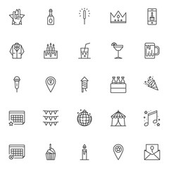 Party and event elements outline icons set. linear style symbols collection, line signs pack. vector graphics. Set includes icons as champagne bottle, festive christmas sparkle, crown, cocktail