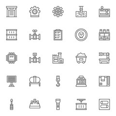 Industry factory outline icons set. linear style symbols collection, line signs pack. vector graphics. Set includes icons as warehouse, clock gear, cogwheel, discharge of liquid chemical waste, valve