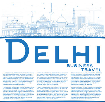 Outline Delhi India City Skyline with Blue Buildings with Copy Space.