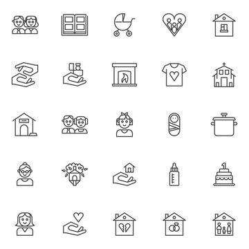 Family outline icons set. linear style symbols collection, line signs pack. vector graphics. Set includes icons as couple person, photo album, baby carriages pram, house, caring hands, church, mother