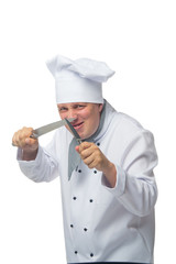 angry cook holding knives, on white background