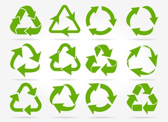 Obraz premium Recycled arrows. Green reusable arrow icons, eco recycle or recycling vector signs isolated on white background