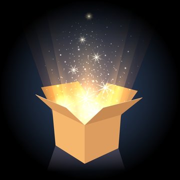 Magic box. Cardboard box with glow lighting inside, opened gift container vector illustration