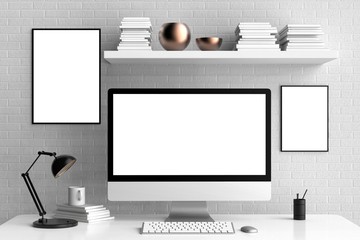 Modern workspace, isolated computer screen and frame mock up. 3D illustrating.