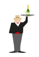 The waiter holds a tray of champagne. Waiter in the restaurant. Cartoon, retro