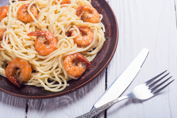 Italian pasta spaghetti with shrimps