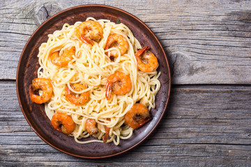 Italian pasta spaghetti with shrimps
