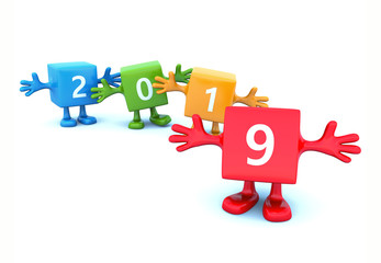 2019 calendar background - happy colored cubes with hands up