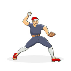 Vector illustration of a baseball player throwing the ball. Cute cartoon character. Baseball pitcher