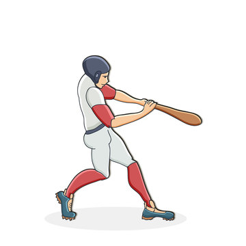 Vector hand drawn illustration of a baseball player hitting the ball. Cute cartoon character.  Baseball player.