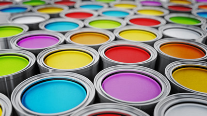 Vibrant colored paint cans background. 3D illustration