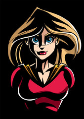 Comics style llustration of the portrait of powerful superheroine looking at camera.