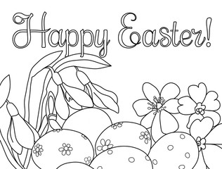 Fototapeta premium Festive card Easter eggs and spring flowers black and white outline illustration for a coloring book