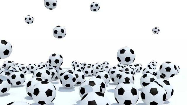 many soccer balls fall on white background, 3d animation