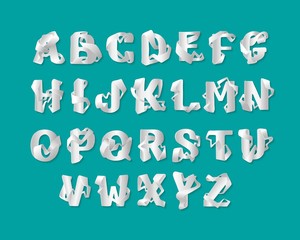3d origami alphabet set of uppercase letters. Vector isolated white decorative elegant letter ABC. Font of interlocking ribbons. Capital characters are either cut from paper or plastic.