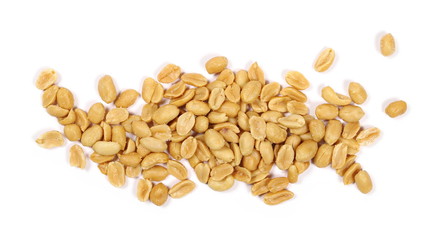 Fried and salted peanuts pile isolated on white background, top view 