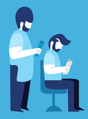 Hair stylist making a haircut to a client  in the barber shop. Vector cartoon illustration.