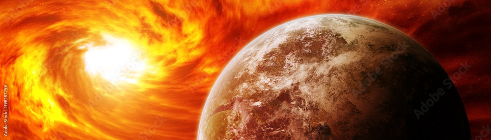 Wall mural exploding sun in space close to planet 3d rendering elements of this image furnished by nasa