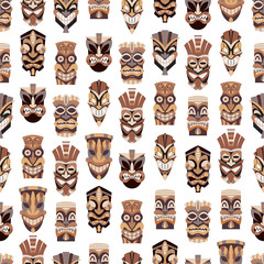 Tribal tiki mask vector seamless pattern on a white background for wallpaper, wrapping, packing, and backdrop. Cut wooden guise flat icon set. - obrazy, fototapety, plakaty