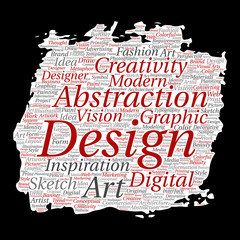 Vector conceptual creativity art graphic identity design visual paint brush paper word cloud isolated background. Collage of advertising, decorative, fashion, inspiration, vision, perspective modeling