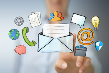 Businesswoman touching and holding manuscript contact icon